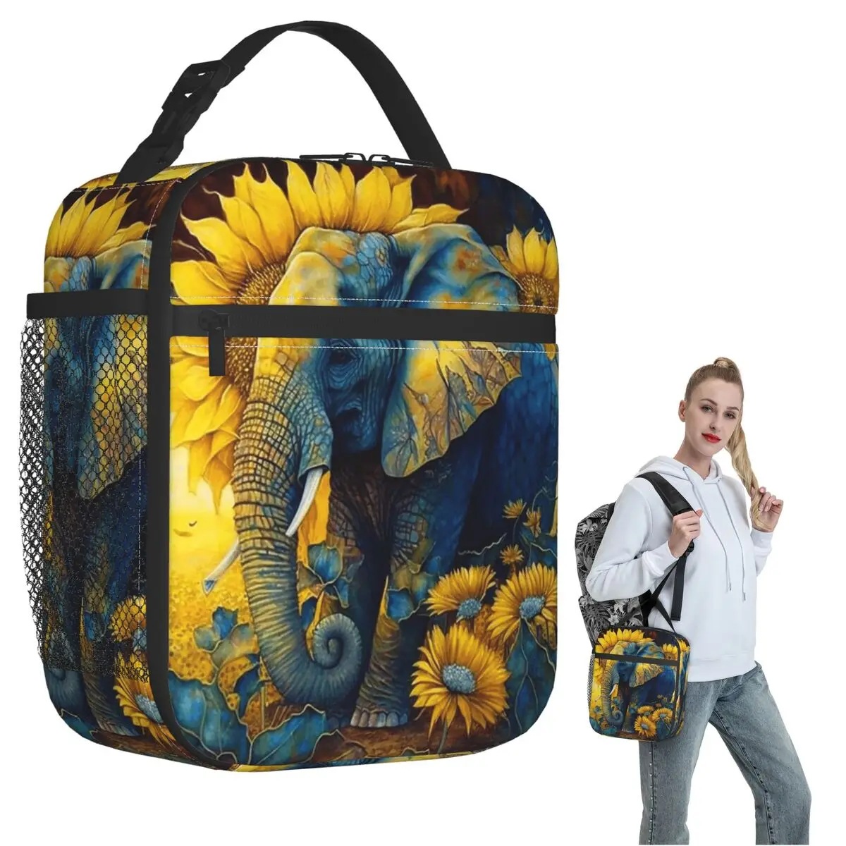 Cartoon Elephant And Sunflower Insulated Lunch Bag for Women Kids Portable Food Boxes Thermal Lunch Box Tote