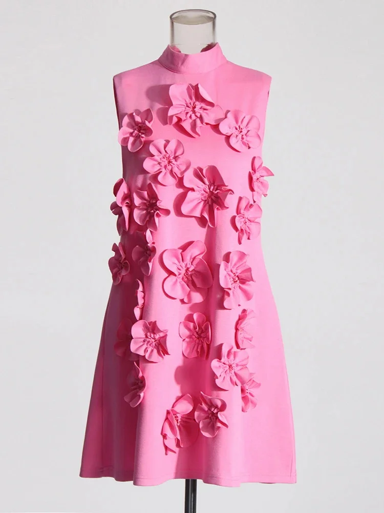 Elegant Spliced Appliques Mini Dress For Women Stand Collar Sleeveless High Waist Patchwork Lace Up Slimming Dresses Female