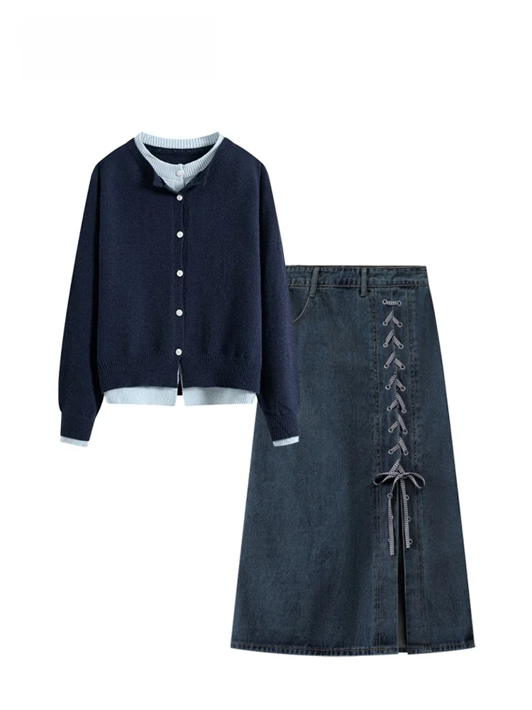 

Cara CLUB plus Size College Sle Set Skirt Women Spring Pear aped Jeans Skirt Sweater High Waist A-Line Korean Version