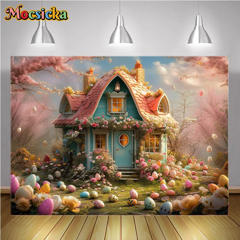 Easter Photography Backdrop Fairy House in the Forest Bunny Eggs Newborn 1st Birthday Artistic Portrait Kids Photo Background