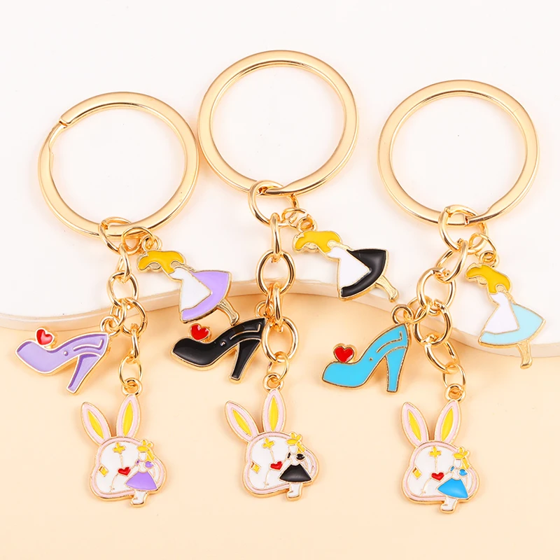 Trendy Enamel Fairy Girl Rabbit High-Heeled Shoes Pendants Keyrings For Women Kids Backpack Wallet Car Key Ornaments Jewelry