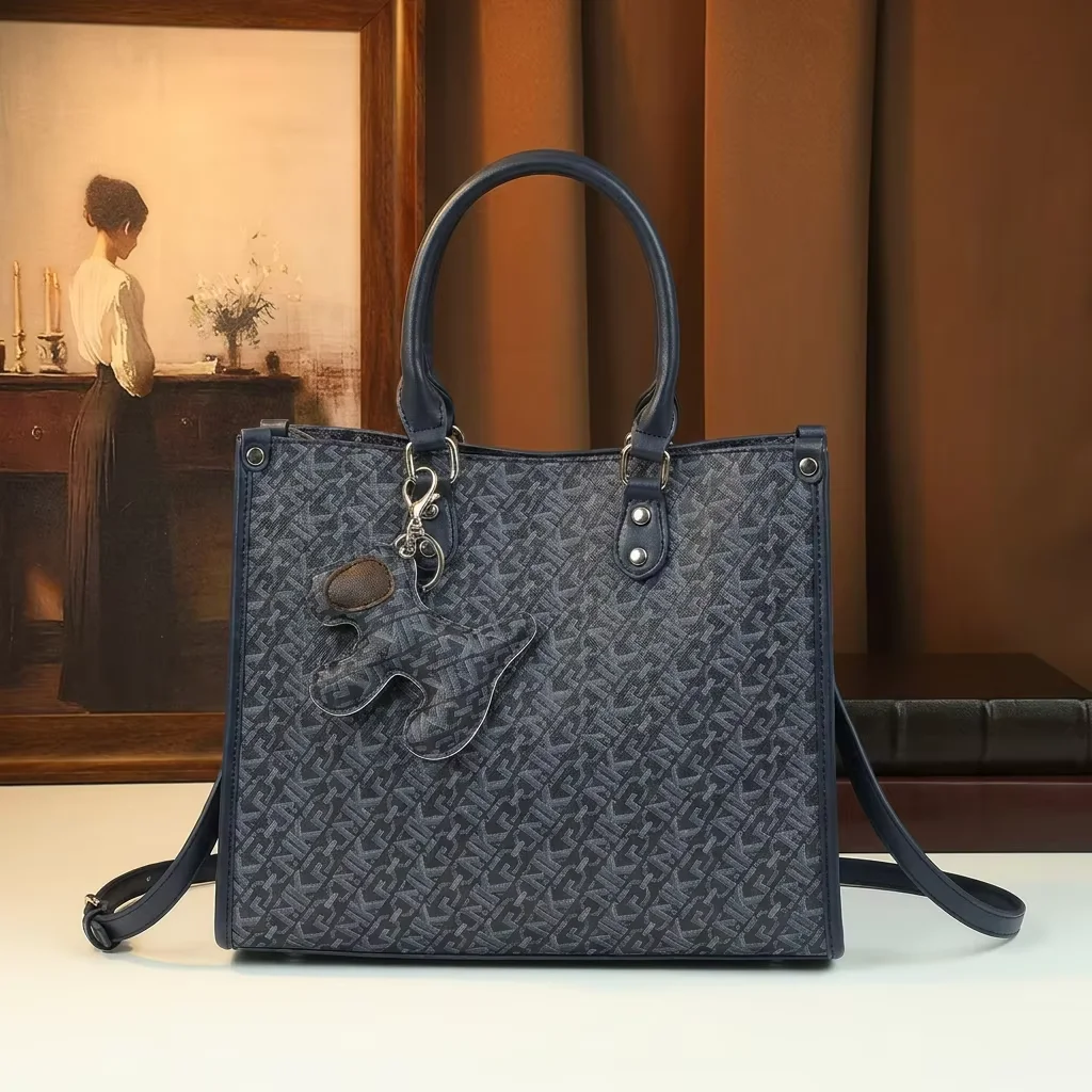 

Vintage Monogram Tote Bag Women Retro Letter Print Crossbody Shoulder Bag Elegant Top-Handle Handbag with Cute Dog Pendant
