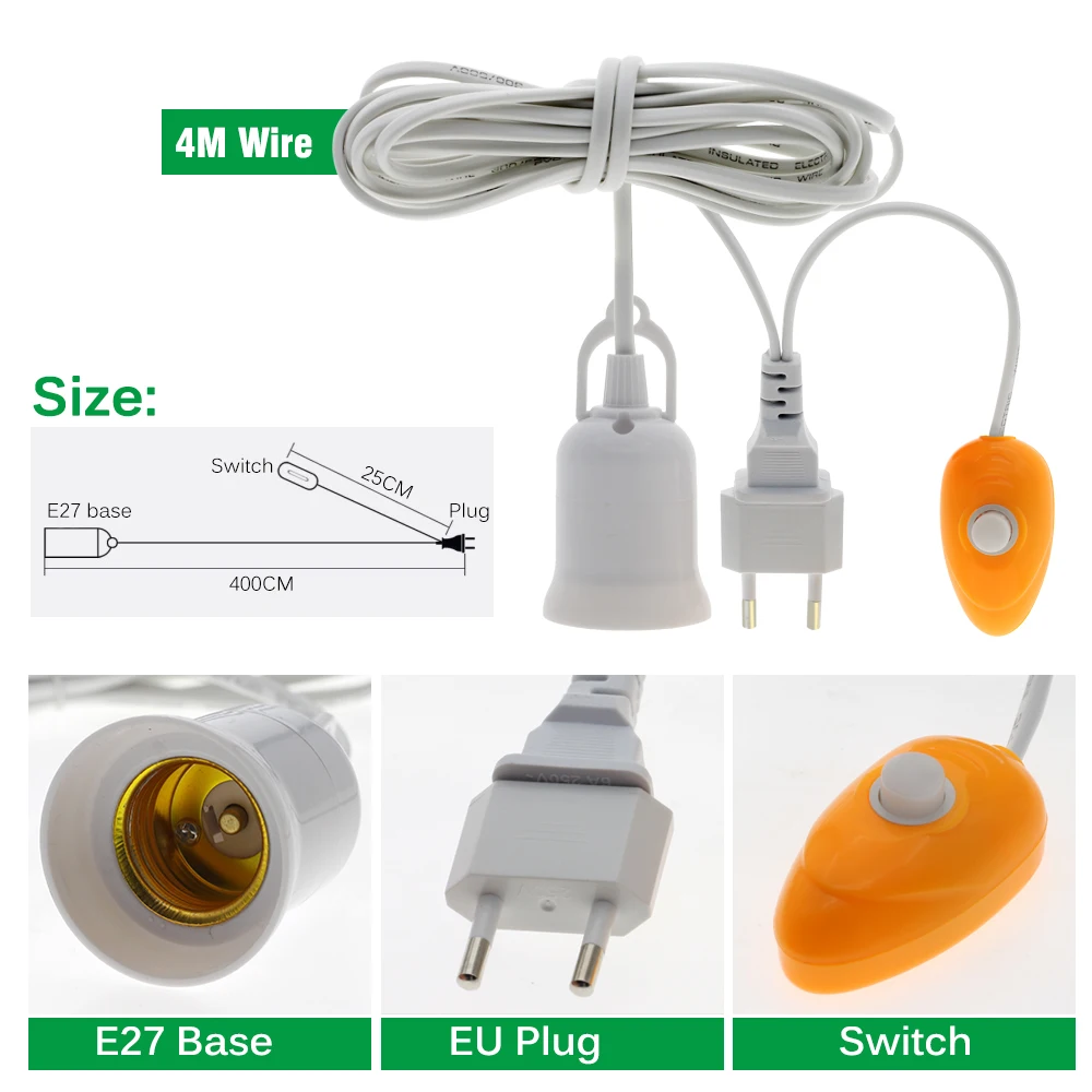 E27 dasar lampu untuk bohlam tumbuh LED, dengan tombol kabel daya/tombol kabel daya 2M 4M 5M, aksesori lampu tumbuh AC100-250V 50/60Hz 6A