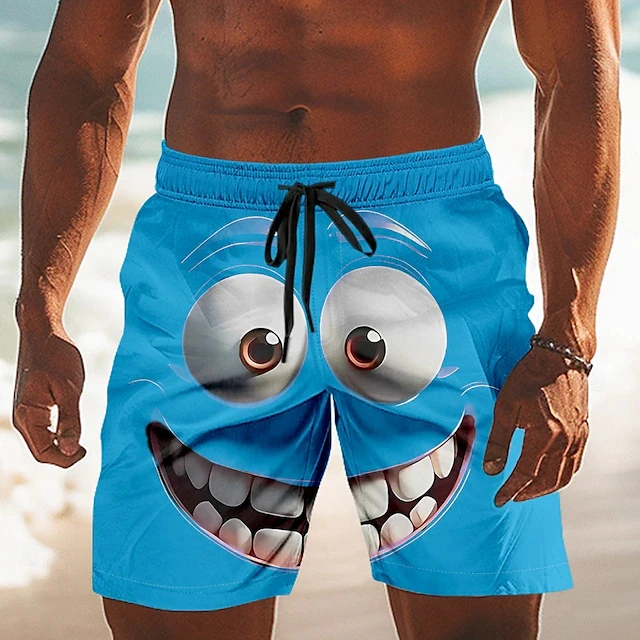 Lustige Badeshorts für Herren mit Cartoon-Gesichtsdruck, schnell trocknend, atmungsaktiv, Kordelzug, elastische Taille, Social-Media-Viral-Stil, Casaul Trunks