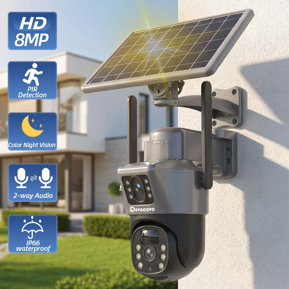 Caméra de surveillance extérieure IP PTZ HD 4K 8MP sans fil à double objectif, alimentée par énergie solaire, étanche, avec vision nocturne couleur et Wi-Fi 2.4G