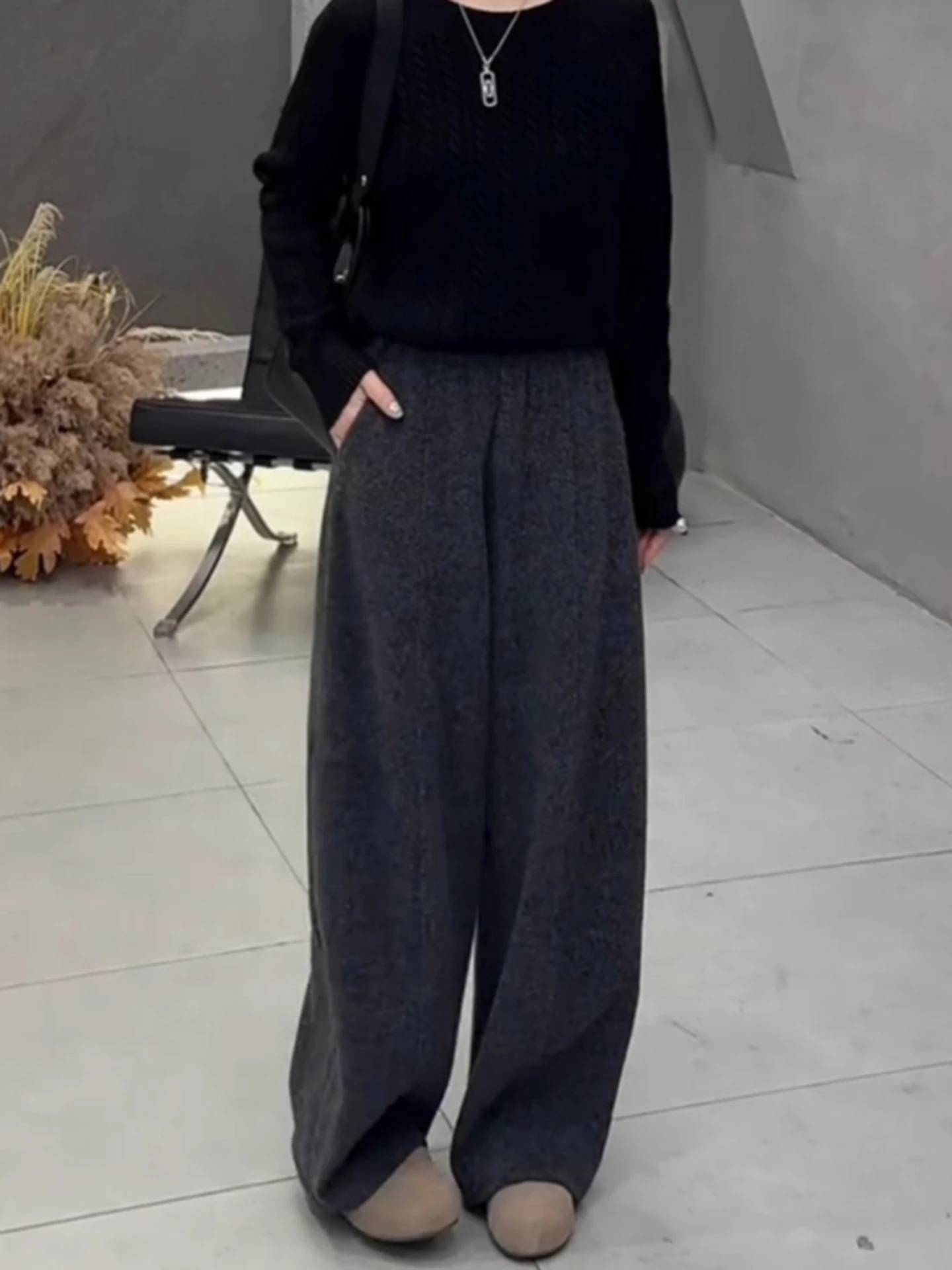 Koreańskie, swobodne, modne spodnie damskie z wysokim stanem, ocieplane, wyszczuplające, z szerokimi nogawkami, nowość na jesień i zimę.