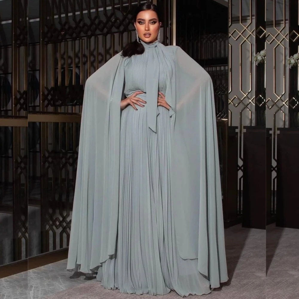 

Customized Simple Casual Chiffon Pleat A-line High Collar Long Dresses Bespoke Occasion Pastrol Classic