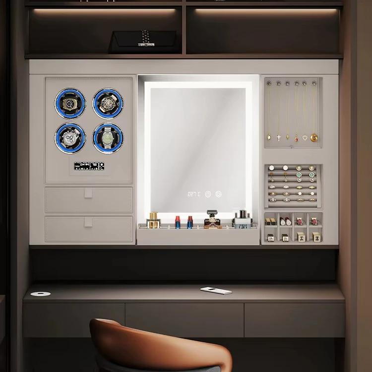 

Smart Modern Dressing Table LED Lighted Mirror Intelligent Wardrobe Accessories for Bedroom Bathroom Metal Storage Wood Panel