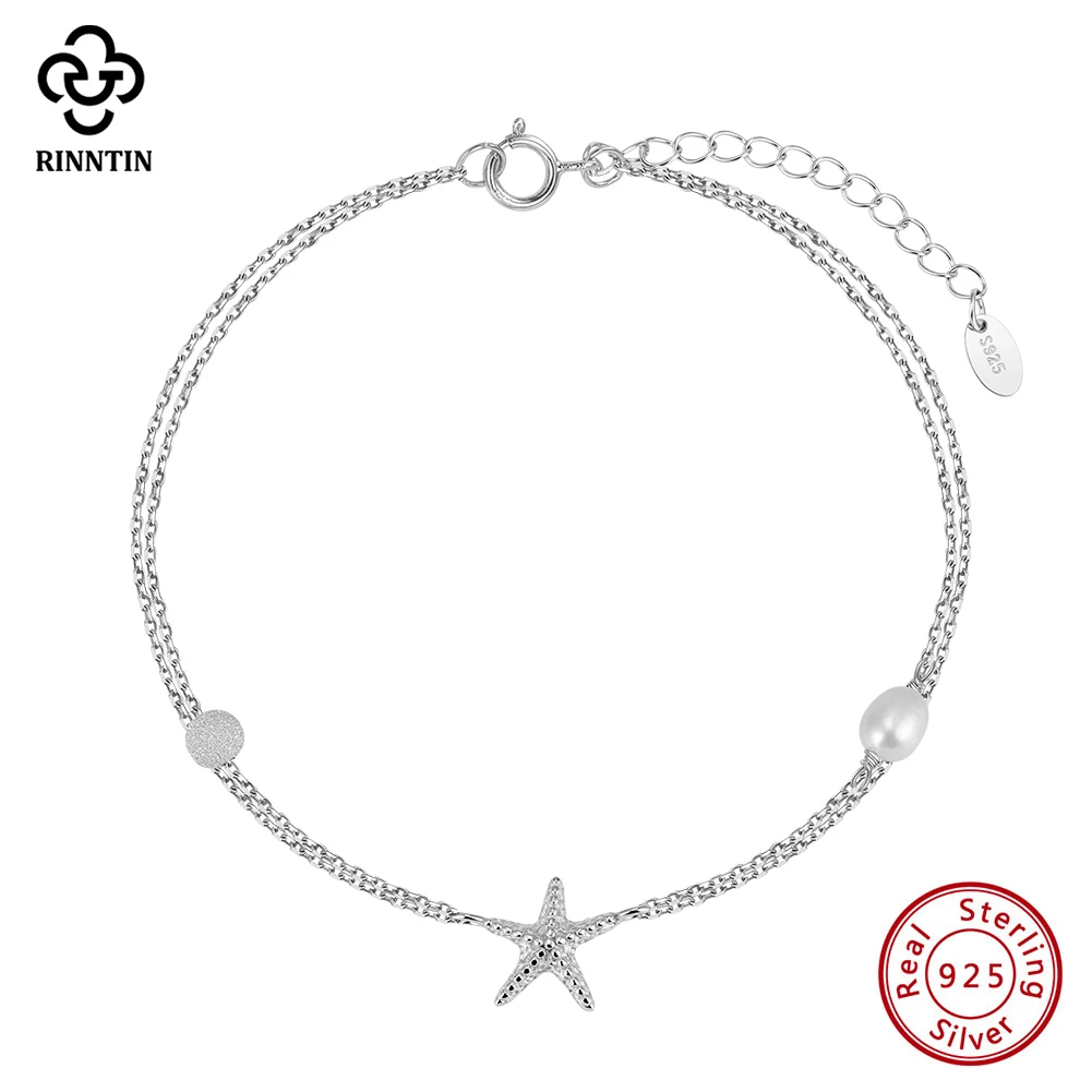 Rinntin 925 Silver Double Layered Cable Chain Anklet for Women with Starfish Summer Foot Chain Bracelet Fashion Jewelry SA101