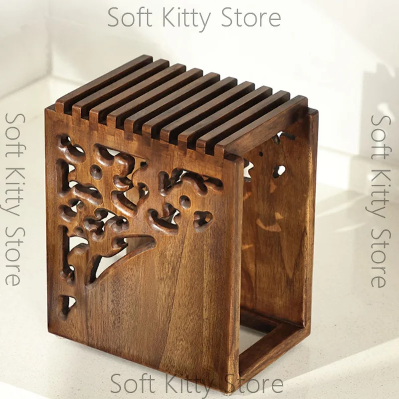 Teak Hollow-Carved Knife Rack  Vintage Engraved Kitchen Organizer  Moisture-Resistant Multi-Slot Knife Stand