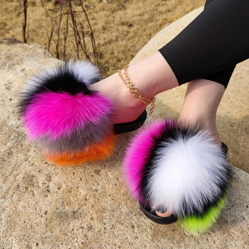 New Designer Luxury Rainbow Fluffy Mommy Kids Women Jelly Purse Fur Slipper And Handbag Matching Real Fur Slides With Purse Set