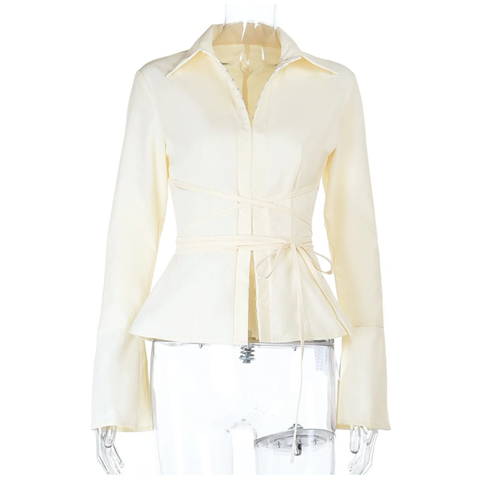 Lady Communting Clothes Womens Elegant Blouse Flared Slim Shirt Long Sleeve Lace-up Closure Tops Office Blouses Lady Clothing