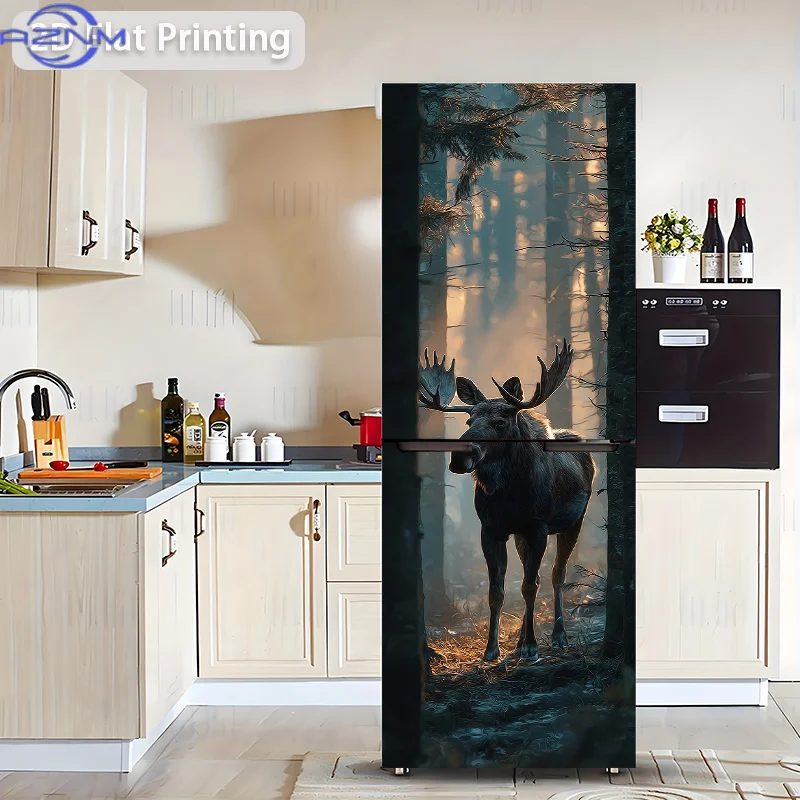 [Printing] Refrigerator Sticker [60×180 Cm] Moose in Morning Mist Forest Wall Sticker Decoration Wallpaper Self-Adhesive Self-