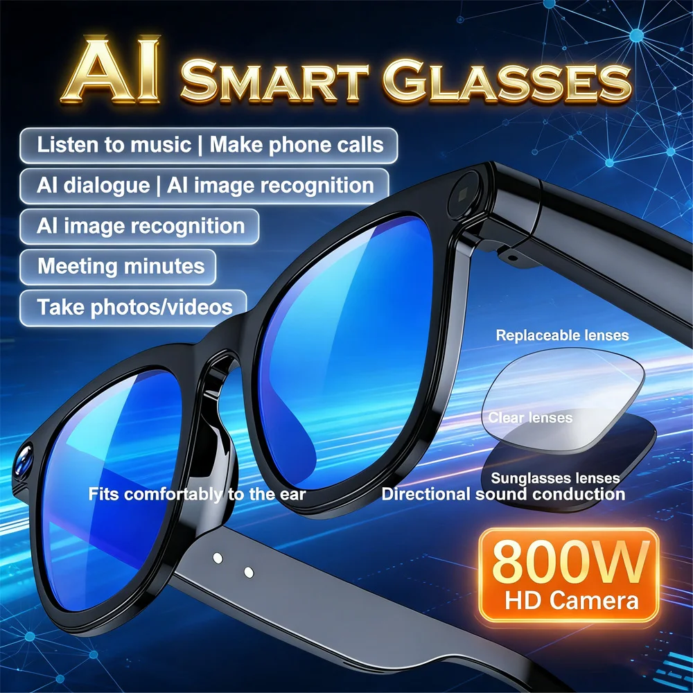 

Умные очки с искусственным интеллектом 2025° | Запись видеокамеры 8 Мп, перевод на 100 языков | Bluetooth-вызов и музыка, солнцезащитные очки унисекс
