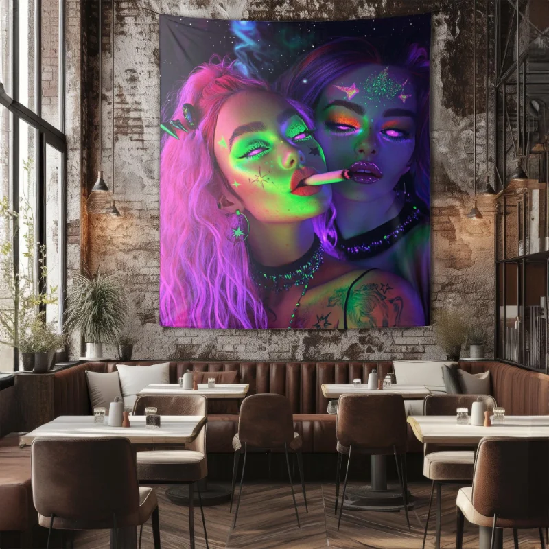 VIKAMA Blacklight Girls Portrait Tapestry Wall Hanging Neon Makeup Purple Hair UV Reactive Aesthetic Wall Art Bedroom Dorm Decor
