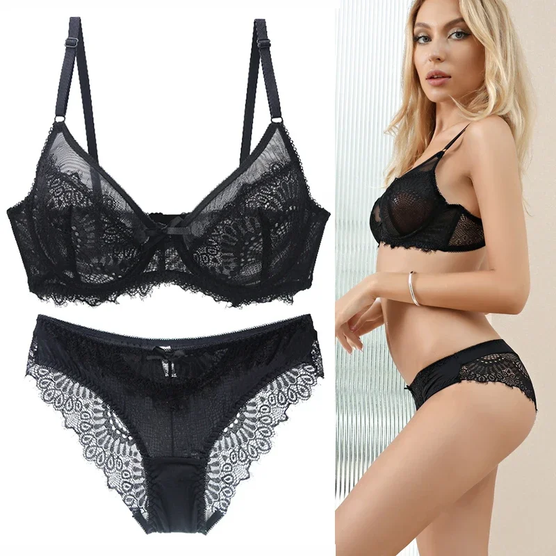 

2022 New Lace 32/70 34/75 36/80 38/85 40/90 BC Bra Sets For Women Transparent Flower Underwear Fashion Sexy Lingerie