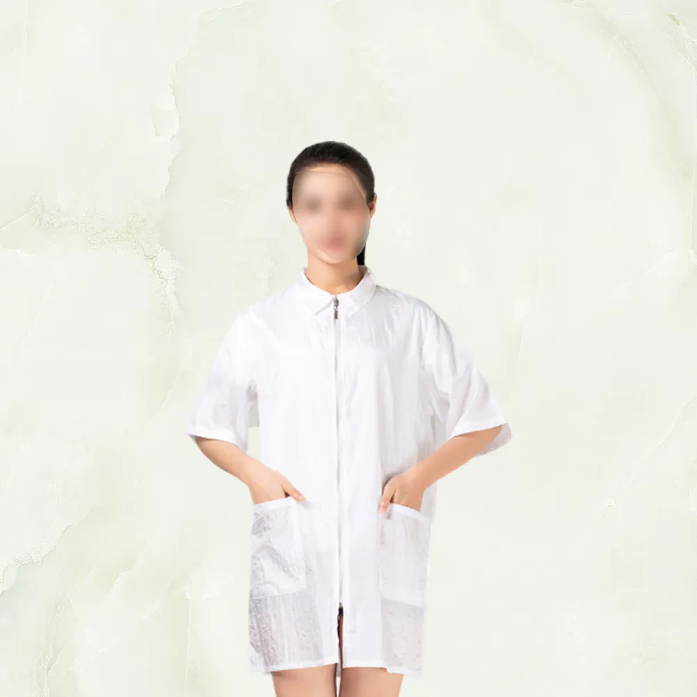 헤어 염색약 방지 의류 화이트 L 프리미엄 나일론 방수 경량 턴다운 칼라 포켓 디자인 세척 용이 지퍼 잠금 (살롱용)