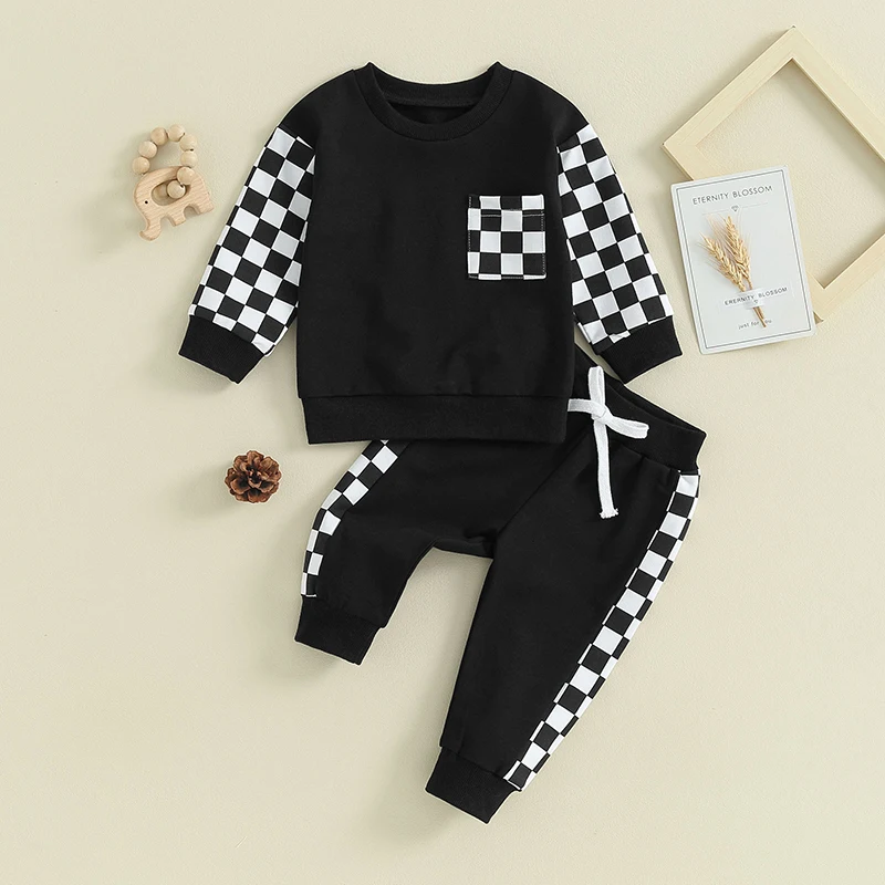 Autumn Baby Boys Outfits Newborn Clothes Checkerboard Print Long Sleeve Sweatshirt Tops Drawstring Pants Set Infant Soft Suits