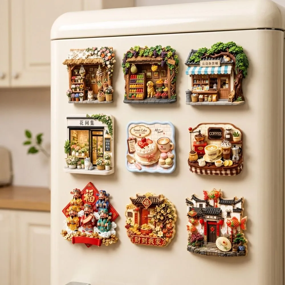 Creative God of Wealth Refrigerator Magnet Shop Shape Rustic Style Home Decoration Fruits Emboss Design Magnetic Sticker Magnet