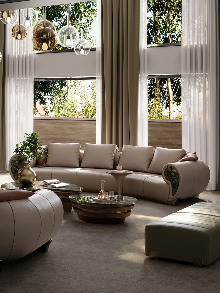 Italian full leather conch sofa villa with living room