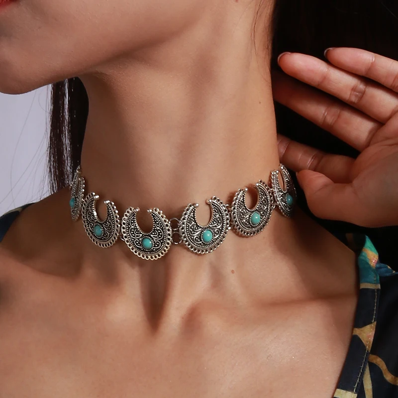 Aihua Böhmen Türkis Stein Herz Halskette für Frauen Halsband Collier Femme Ethnische Tibetischen Silber Halsketten Aussage Schmuck – Detail 11