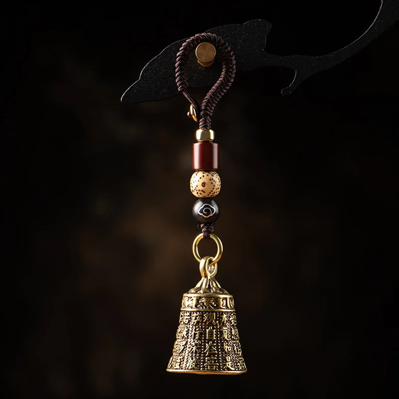 1pc Vintage Brass Tibetan Buddhism Six-word Mantra Bell Keychains Lanyard Pendants Handmade Rope Car Key Chain Rings Hanging