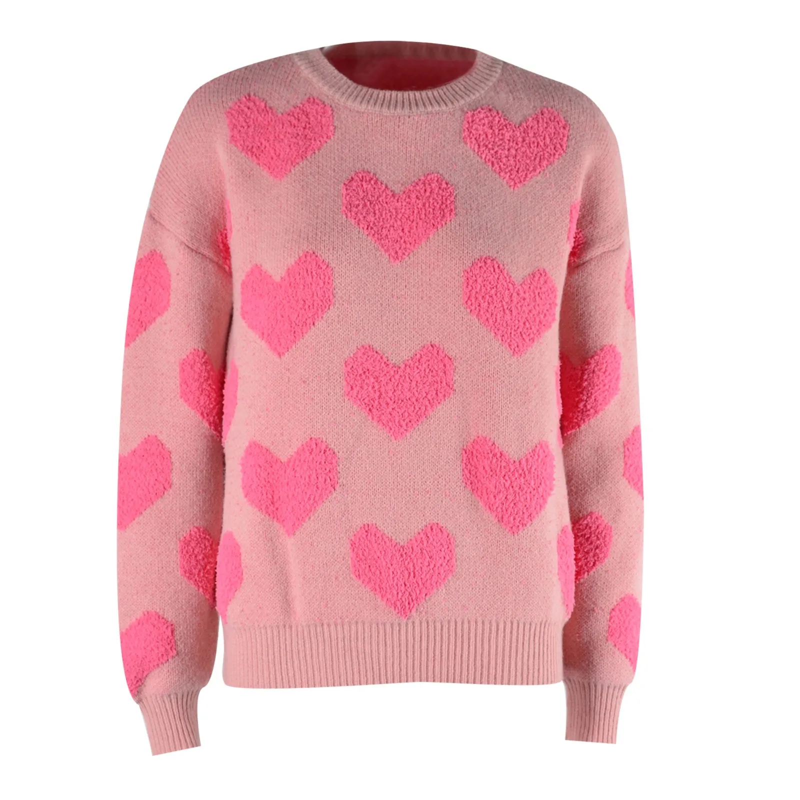 Women Casual Loose Neck Pink Sweater Love Heart Pattern Knitwear Long Sleeve Jumpers Shirts Pullover Top Streetwear