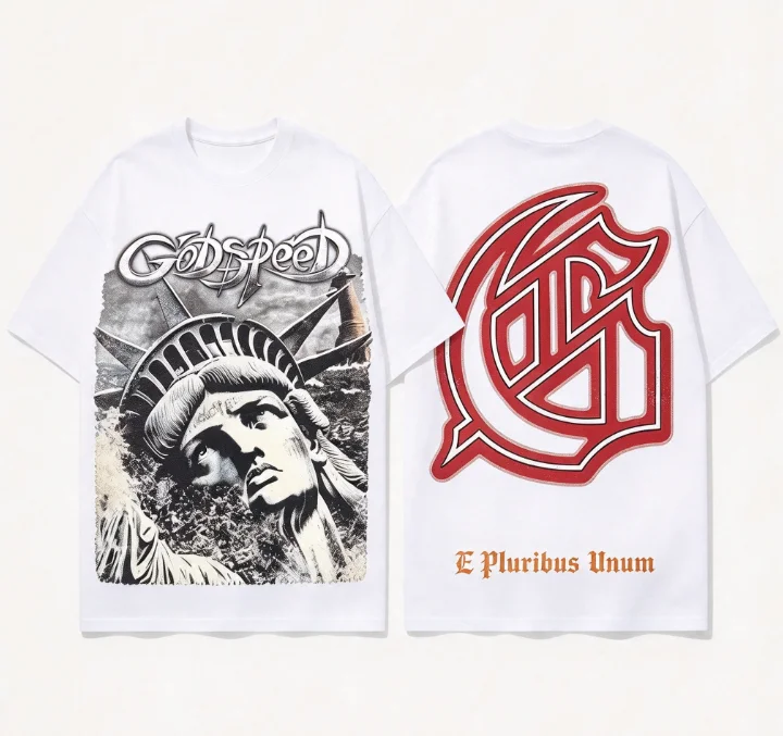 2026 tee with retro Statue of Liberty portrait monogram prints on front back American vintage street style unisex loose street