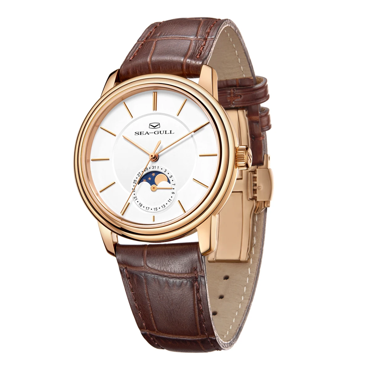 

Seagull Moon Phase Mechanical Watch For Man ST1818 Movement Calendar Sapphire Automatic Watches 316L Stainless Steel Watch 1080