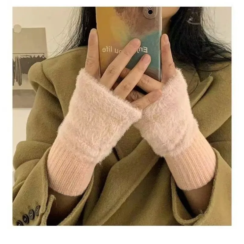 1PC- Warm and Cold-proof Half-finger Gloves for Women in Autumn and Winter, Versatile and Plush, Cute Office Half-finger Gloves