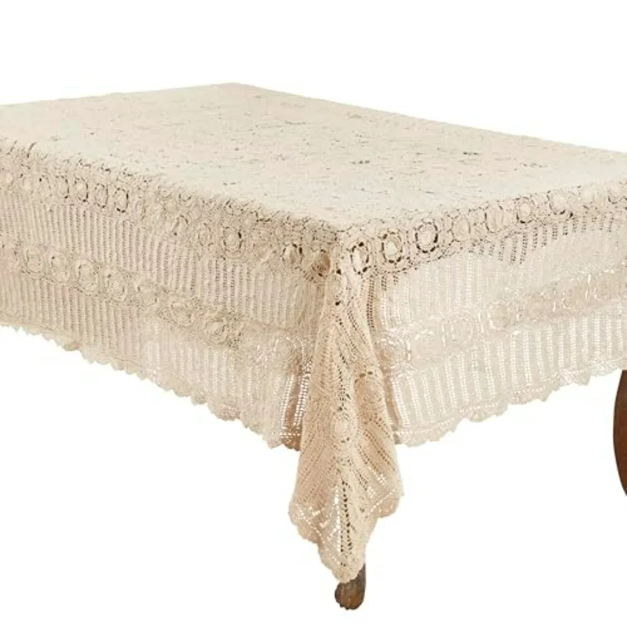 

Crochet Tablecloth 72x108 Oblong in Ecru Handcrafted Linen-Style Texture for Rustic Dining Room Decor