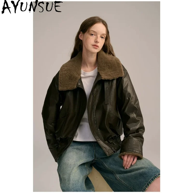AYUNSUE Women's Real Leather Down Jacket 90% White Goose Down Coats Warm Shearling Fur Collar​ Outerwears Woman Clothes Jaqueta