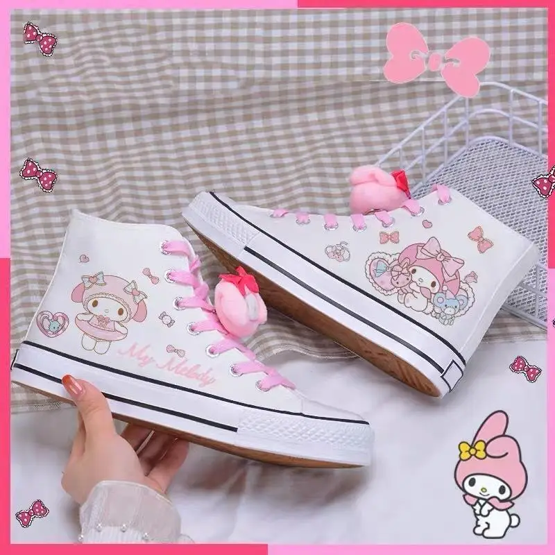 

Sanrio My Melody Kawaii Shoes Kuromi Cinnamoroll Board Shoes для девочек, осенние милые аниме, милые высокие кеды, парусиновая обувь, подарки для детей