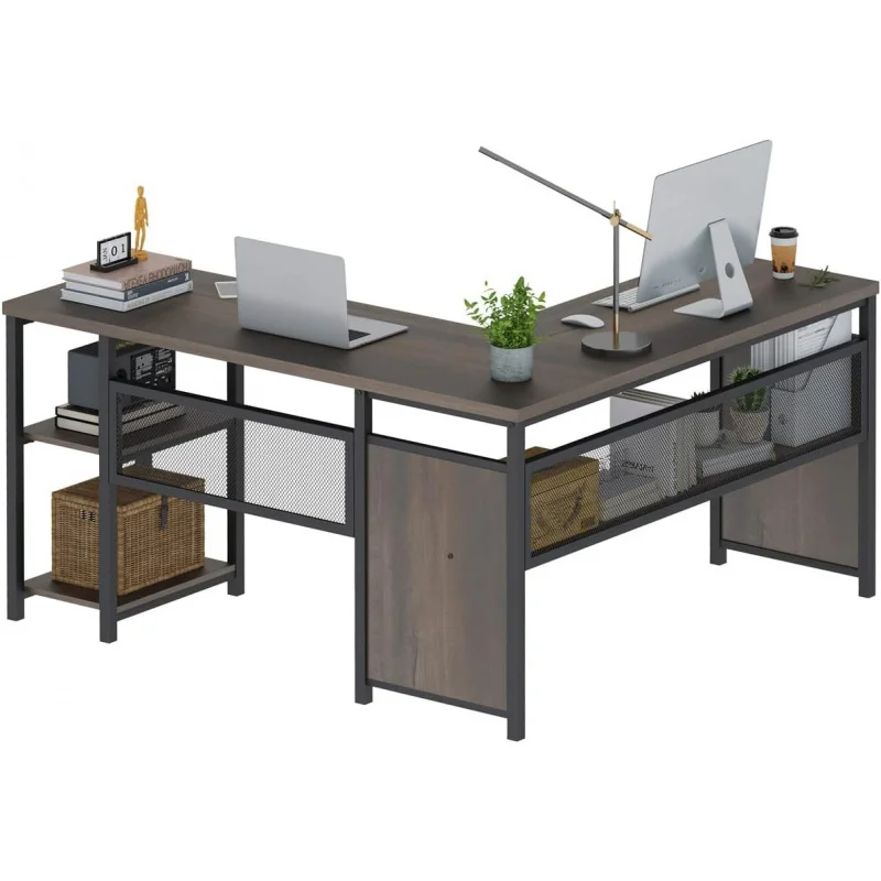 

Industrial Reversible Home Office Computer Desk with Wood Shelves, Corner Desks with Metal (Walnut Brown, 59 Inch)