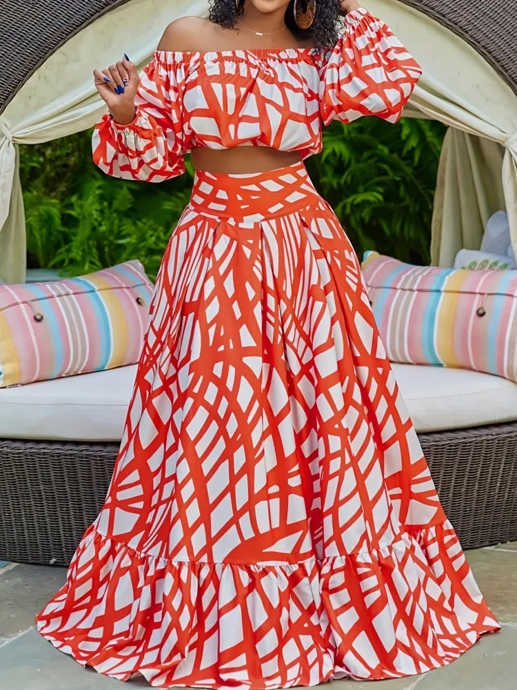 Two Piece Set Plus Size Clothes Summer Autumn Off Shoulder Long Sleeve Top And Maxi Skirt Women Sets Streetwear Office Lady Suit