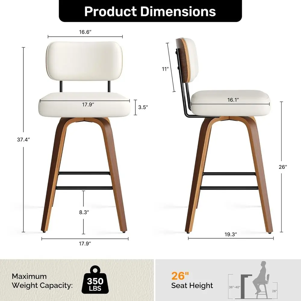 Swivel Bar Stools Set of 2, 26 Upholstered in Cream White Counter Height Barstools with Walnut Back & Bentwood Legs, Modern Bar - view 2