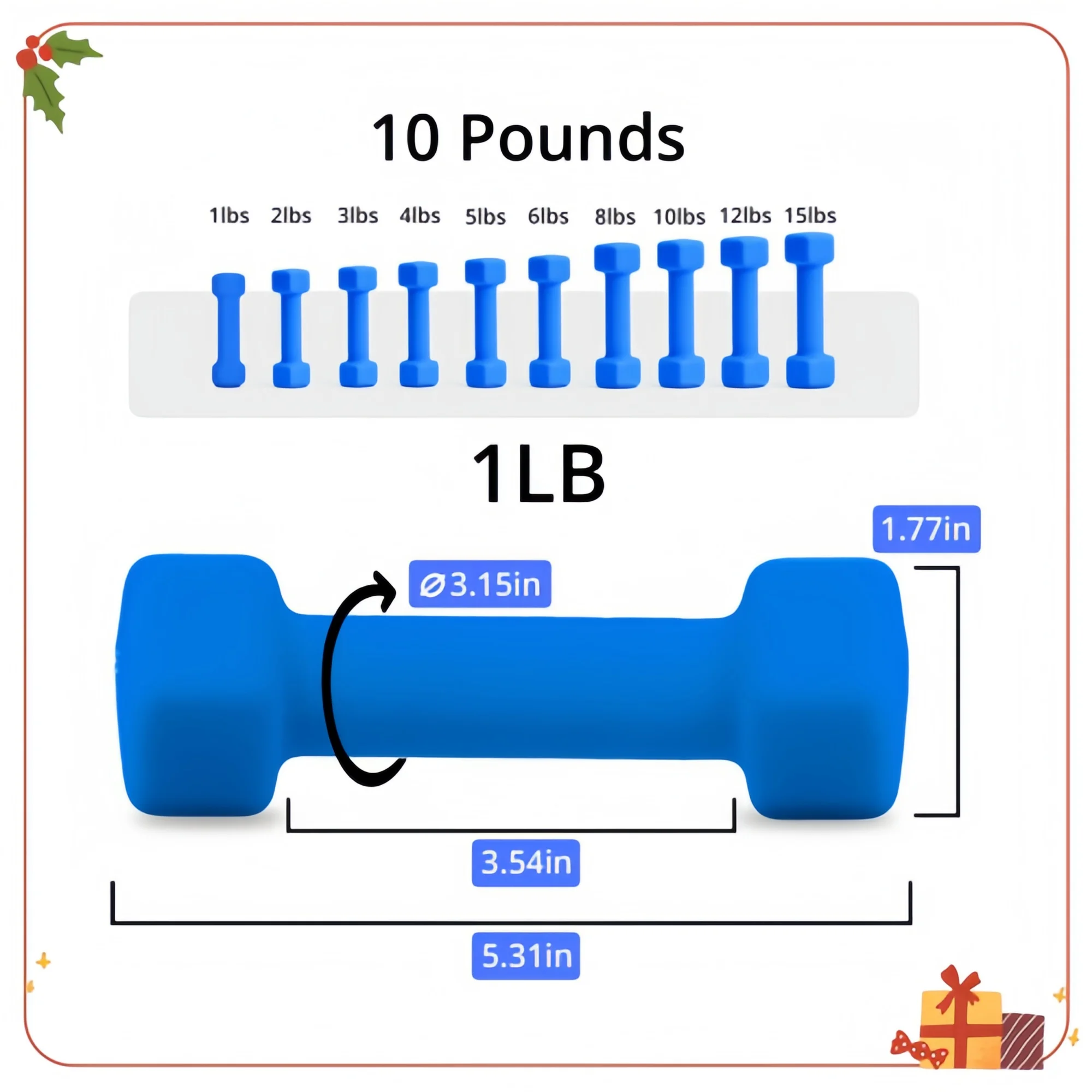 دمبل سداسي بـ 10 ألوان 1-15 رطل - نيوبرين غير قابل للانزلاق لصالة الألعاب الرياضية المنزلية