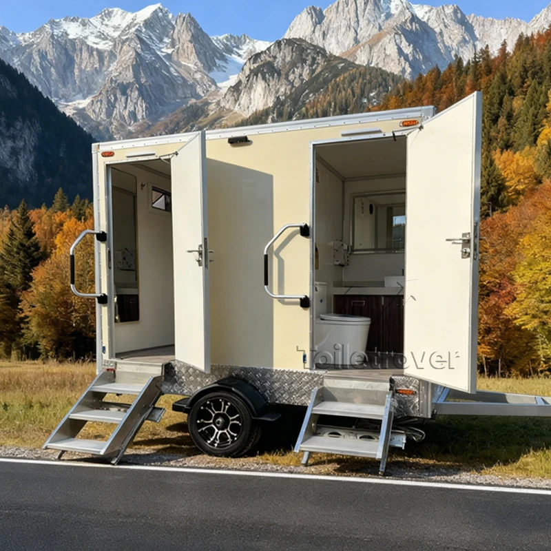 2 Stall Portable Toilet Trailer with Washbasin Mobile Restroom Unit for Outdoor Events Weddings Festivals And Construction