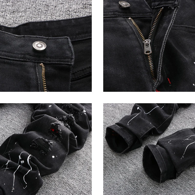 High Street Fashion Men Jeans Retro Black Gray Elastic Slim Ripped Jeans Men Painted Designer Hip Hop Stretch Denim Pants Hombre