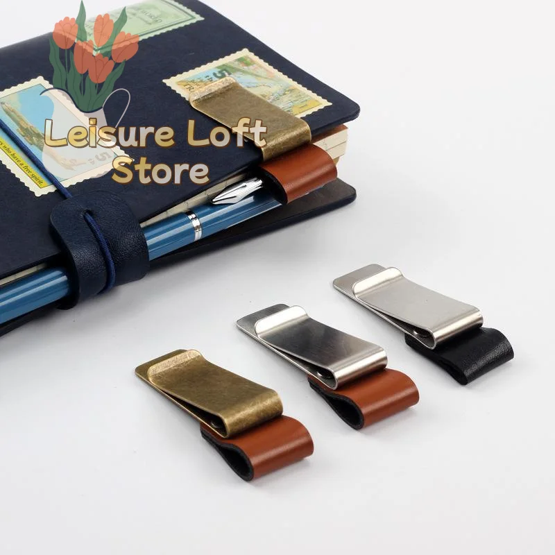Leather Brass Stainless Steel Pen Holder Clip Durable 2 in 1 Multifunction for Notebook Journal Paper Folder Office