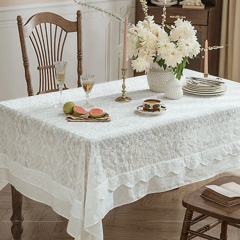French Minimalist Style Lace White Table Cloth Home Table Decoration And Accessories Coffee Restaurant Rectangle Customization