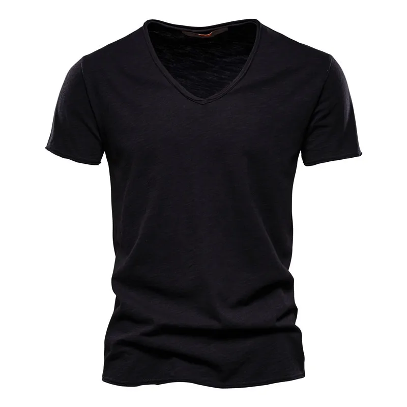 (Pack of 2) Summer popular men's new solid color Slub cotton V-neck short sleeved T-shirt, pure cotton hot selling