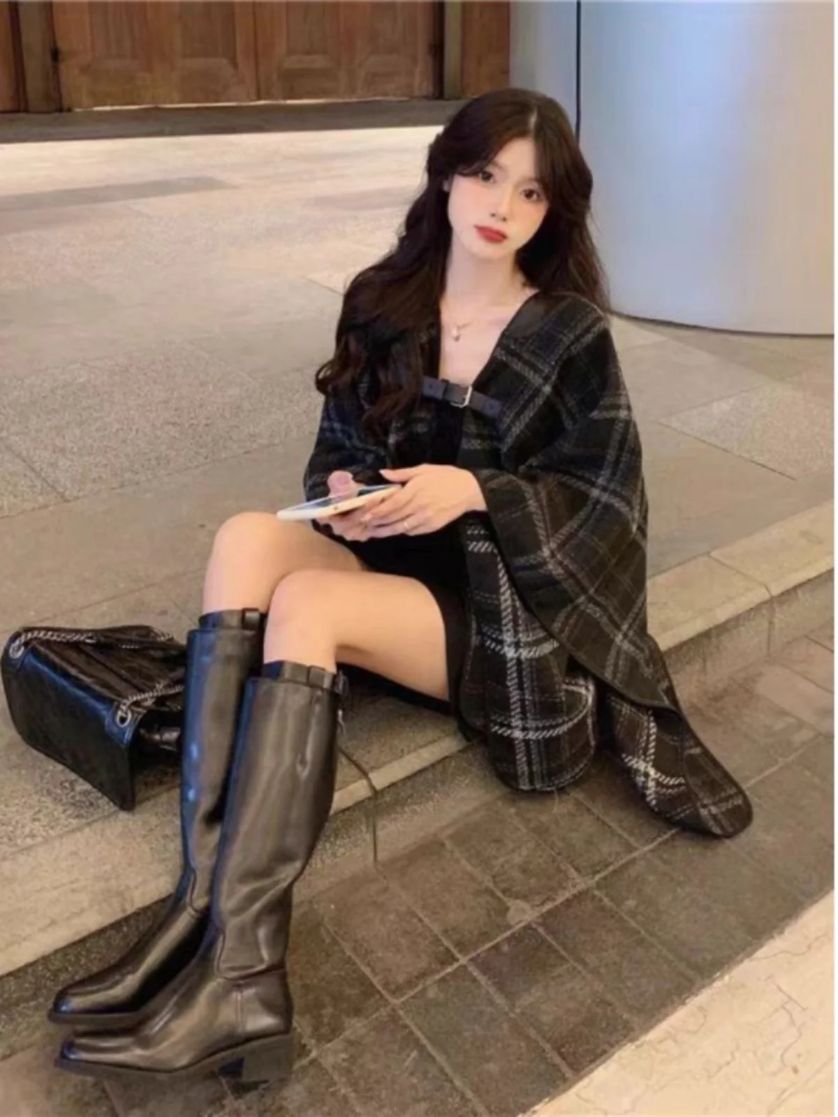 Bla Plaid Wollen Jas Dames 2024 Lente Herfst Nieuwe Kleine Maat Midi Lengte Faionable Priem Cowl Ne Jas Dames