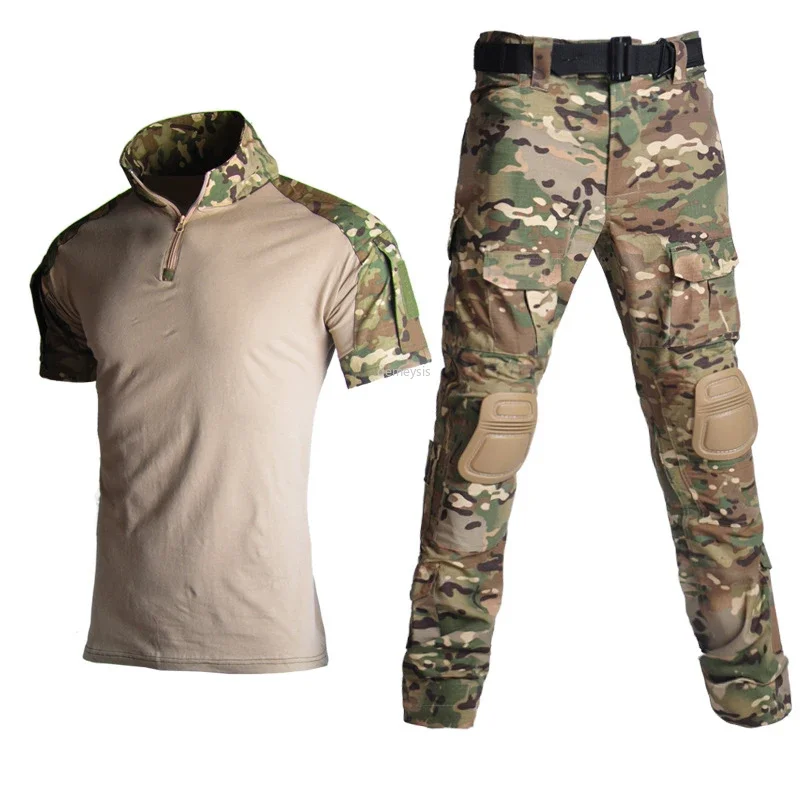 Camouflage Uniform Summer Tactical Shirt Pants Frog Combat Ghillie Suits Hunting Short Shirt Pants Knee Pads Sets