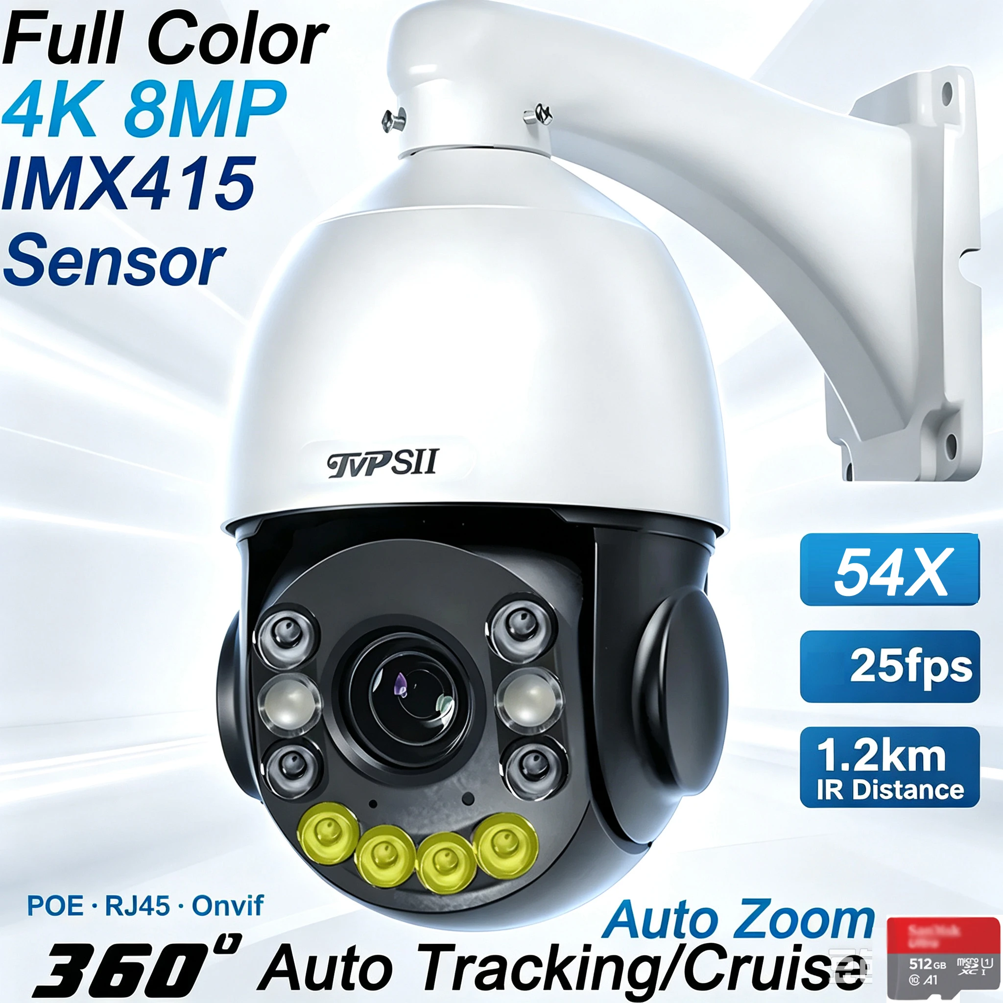 Rj45 Onvif Metal Laser Infrared Full Color Auto Tracking Cruise 54X 4K 8MP Audio High Speed Dome PTZ POE IP Surveillance Camera
