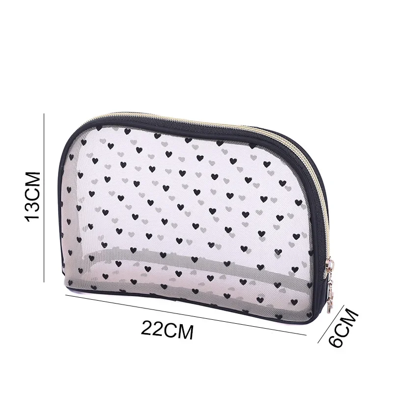 Mesh Cosmetic Makeup Bags Case Holder Cute Transparent Zipper Black Heart Printed Pencil Pen Case Pouch Convenient To Carry