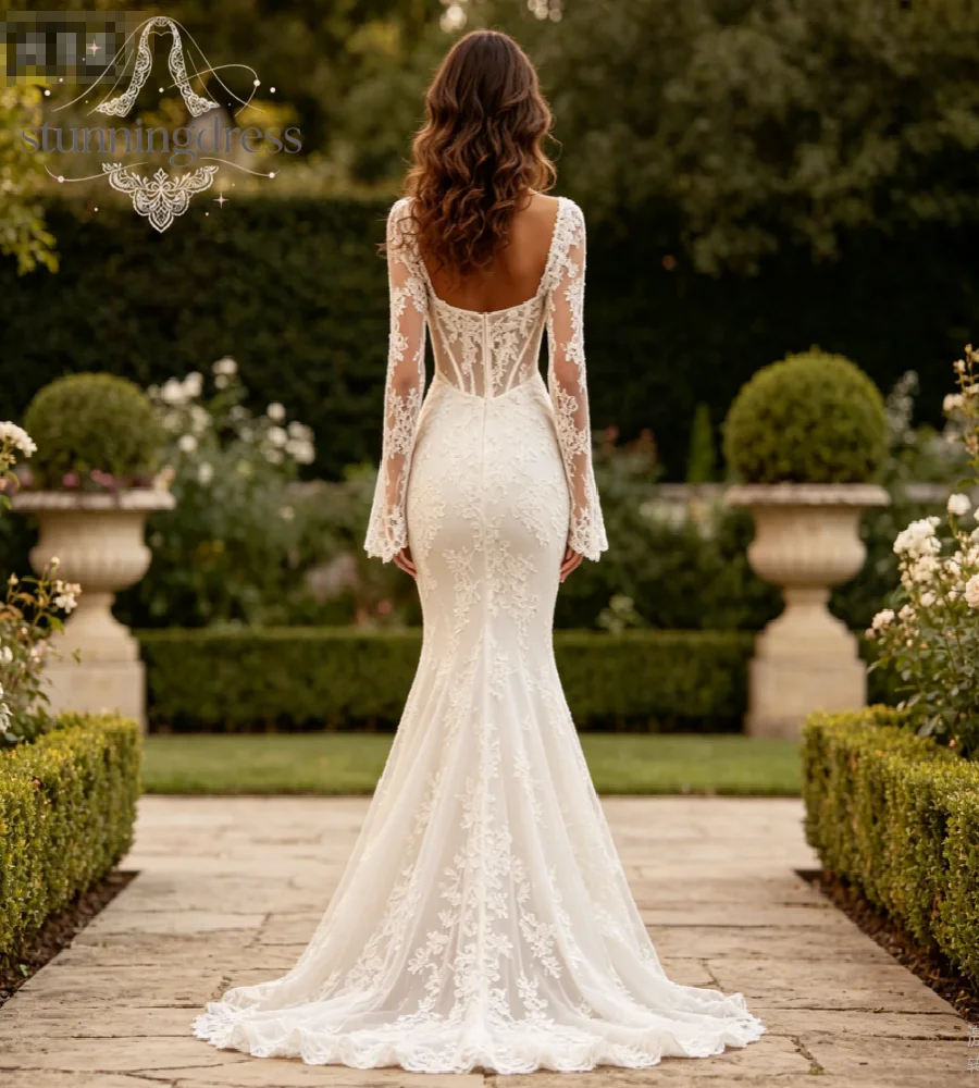 Vintage Basque Waist Mermaid Wedding Dress 2026 Long Sleeve Rustic Garden Bridal Gowns Beaded Lace Boho Fitted Trumpet Chapel