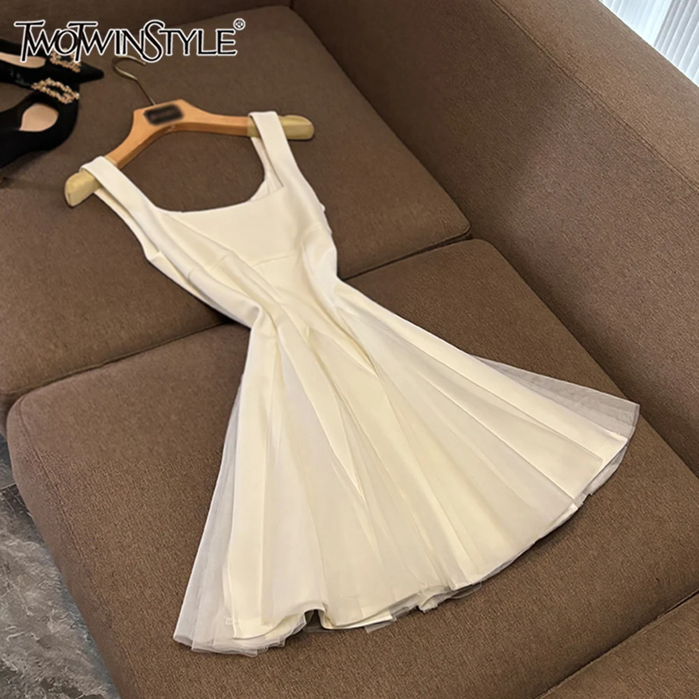 

TWOTWINSTYLE Elegant Solid Slimming Dresses For Women Camisole Sleeveless High Waist Draped Temperament Dress Female KDR539788