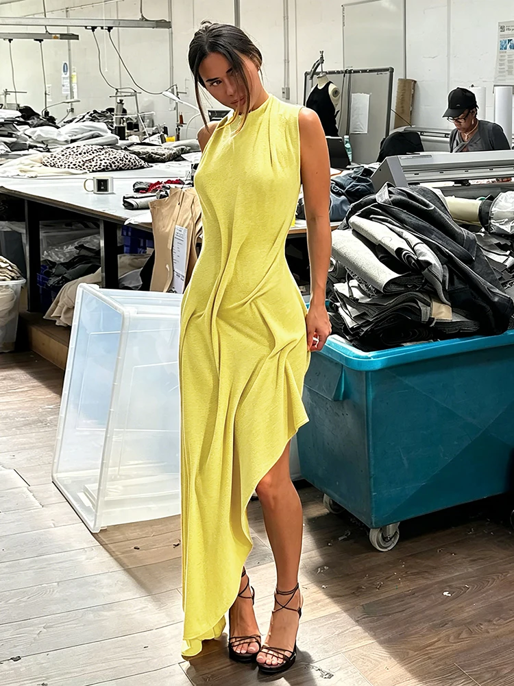 Sisterlinda Trend Mode Sexy Langes Kleid Damen Rückenfrei O-Ausschnitt Ärmellos Unregelmäßiger Saum Urlaub Gerafftes Elegantes Kleid – Detail 12