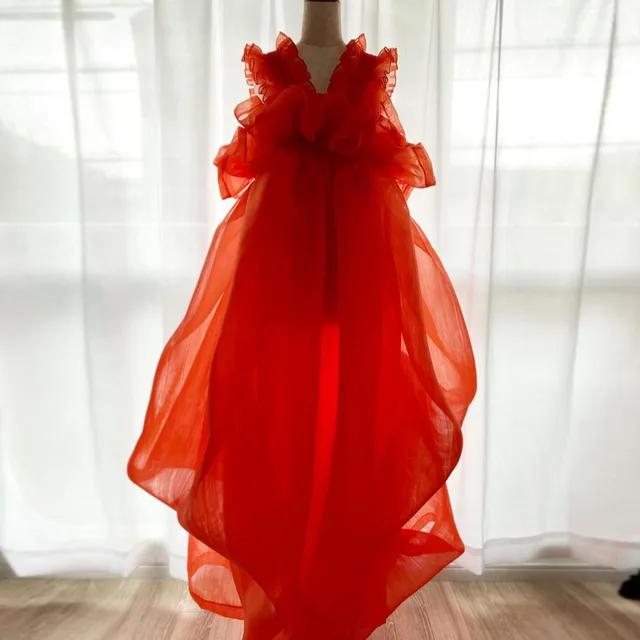 Bufiasta kwiat z tiulu damska letnia sukienka koralowa czerwień Organza krótki bal sukienki na przyjęcie prawdziwy obraz linii Brithday fotografia sukienka